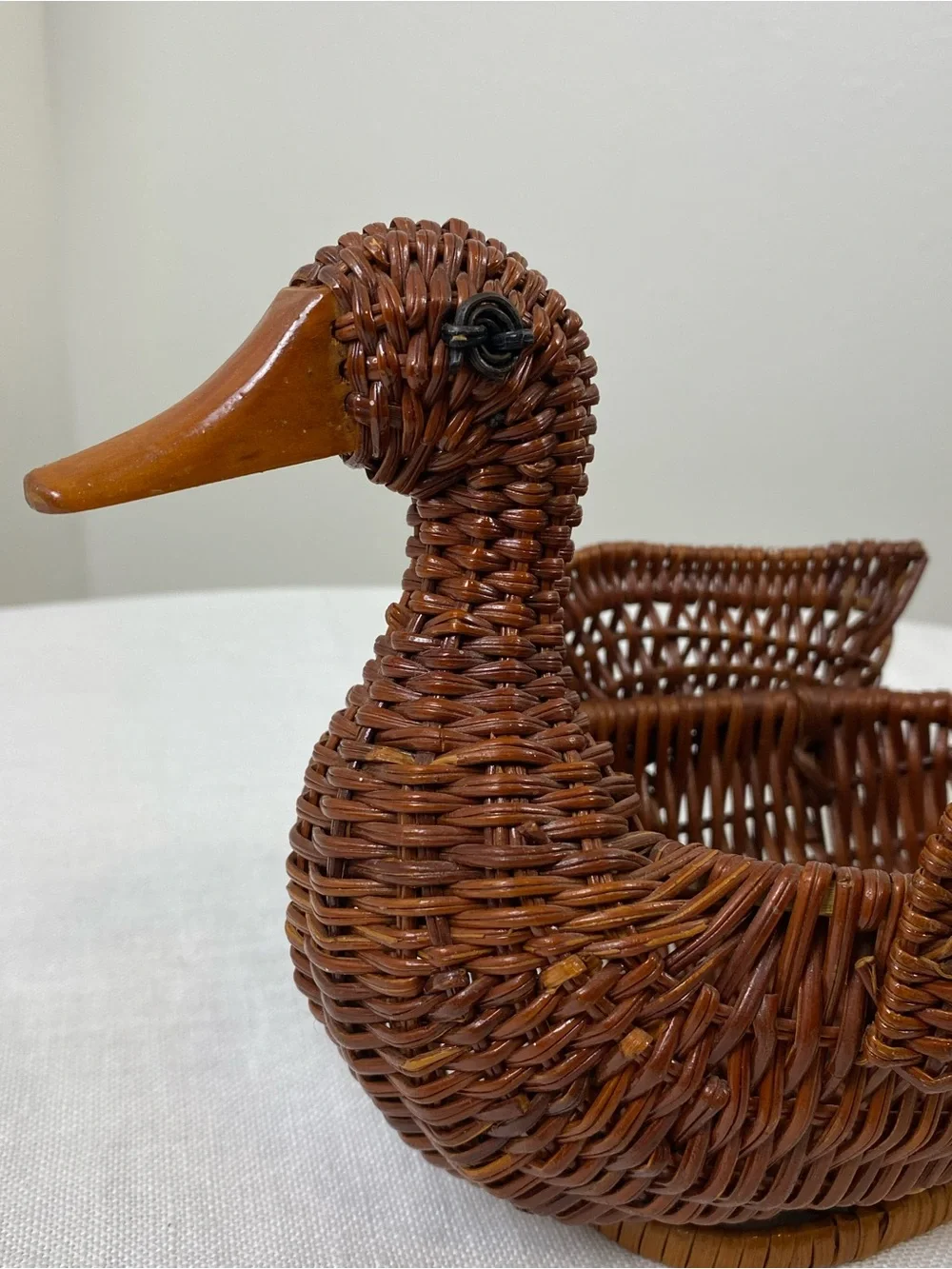 Vintage Wicker/Woven Duck with Wood Bill Basket